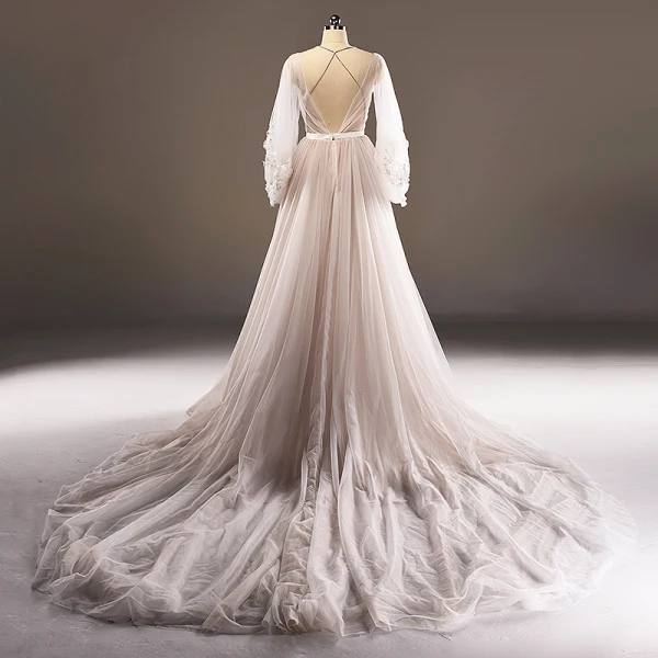 Luxe Gris Marron Transparentes Robe De Soirée 2018 Princesse Encolure Dégagée Manches Longues Appliques En Dentelle Perle Ceinture Cathedral Train Volants