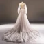 Luxe Gris Marron Transparentes Robe De Soirée 2018 Princesse Encolure Dégagée Manches Longues Appliques En Dentelle Perle Ceinture Cathedral Train Volants