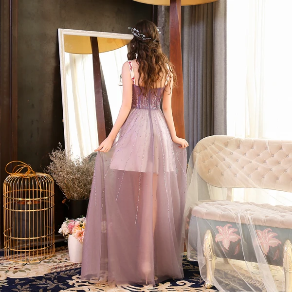 Sexy Lavande Été Robe De Soirée 2018 Princesse épaules Sans Manches Perlage Faux Diamant Longue Volants Dos Nu Robe De Ceremonie