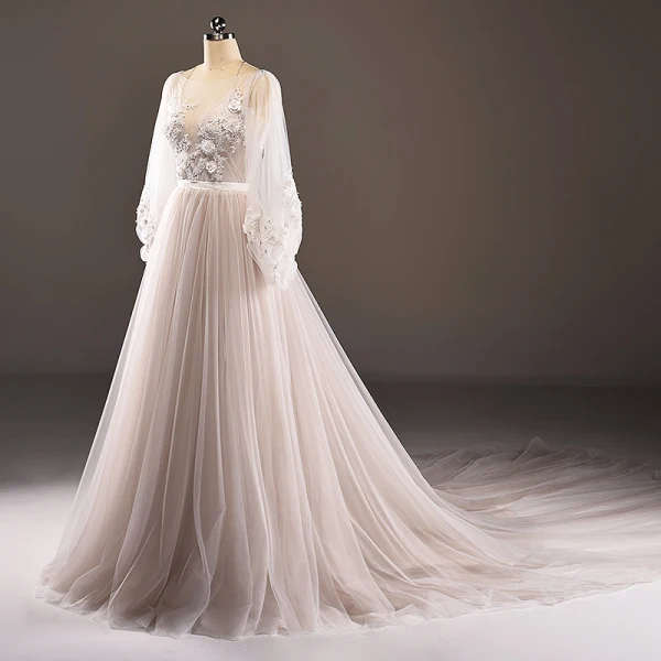 Luxe Gris Marron Transparentes Robe De Soirée 2018 Princesse Encolure Dégagée Manches Longues Appliques En Dentelle Perle Ceinture Cathedral Train Volants