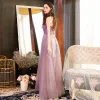 Sexy Lavender Summer Evening Dresses  2018 A-Line / Princess Shoulders Sleeveless Beading Rhinestone Floor-Length / Long Ruffle Backless Formal Dresses