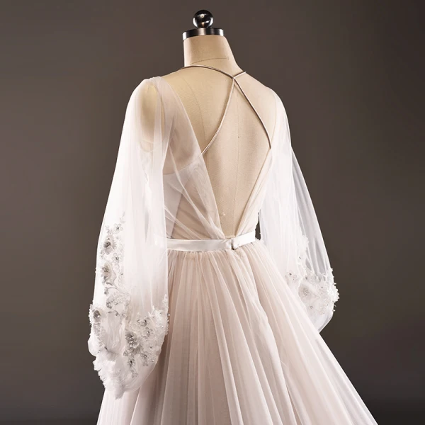 Luxe Gris Marron Transparentes Robe De Soirée 2018 Princesse Encolure Dégagée Manches Longues Appliques En Dentelle Perle Ceinture Cathedral Train Volants