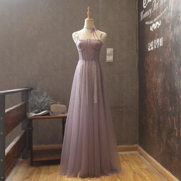 Sexy Lavande Été Robe De Soirée 2018 Princesse épaules Sans Manches Perlage Faux Diamant Longue Volants Dos Nu Robe De Ceremonie