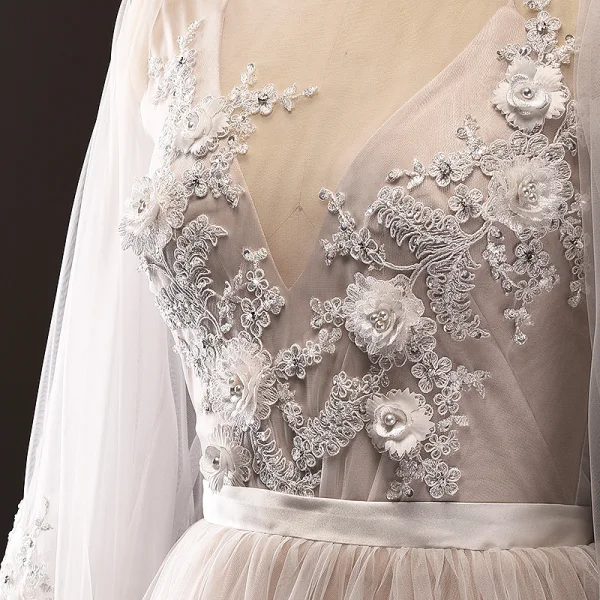 Luxe Gris Marron Transparentes Robe De Soirée 2018 Princesse Encolure Dégagée Manches Longues Appliques En Dentelle Perle Ceinture Cathedral Train Volants