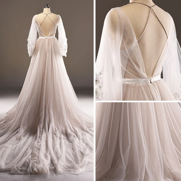 Luxe Gris Marron Transparentes Robe De Soirée 2018 Princesse Encolure Dégagée Manches Longues Appliques En Dentelle Perle Ceinture Cathedral Train Volants