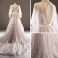 Luxe Gris Marron Transparentes Robe De Soirée 2018 Princesse Encolure Dégagée Manches Longues Appliques En Dentelle Perle Ceinture Cathedral Train Volants