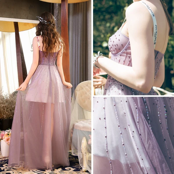 Sexy Lavande Été Robe De Soirée 2018 Princesse épaules Sans Manches Perlage Faux Diamant Longue Volants Dos Nu Robe De Ceremonie