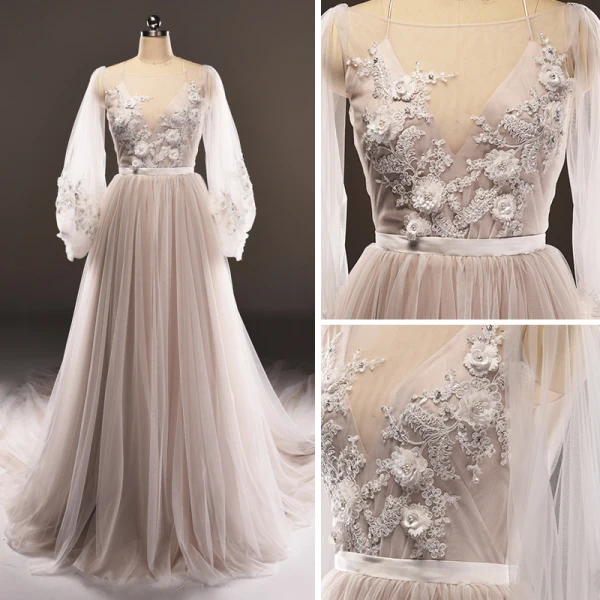 Luxe Gris Marron Transparentes Robe De Soirée 2018 Princesse Encolure Dégagée Manches Longues Appliques En Dentelle Perle Ceinture Cathedral Train Volants