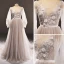 Luxe Gris Marron Transparentes Robe De Soirée 2018 Princesse Encolure Dégagée Manches Longues Appliques En Dentelle Perle Ceinture Cathedral Train Volants