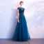 Chic / Beautiful Ocean Blue Prom Dresses 2018 A-Line / Princess Beading Crystal Scoop Neck Short Sleeve Ankle Length Formal Dresses