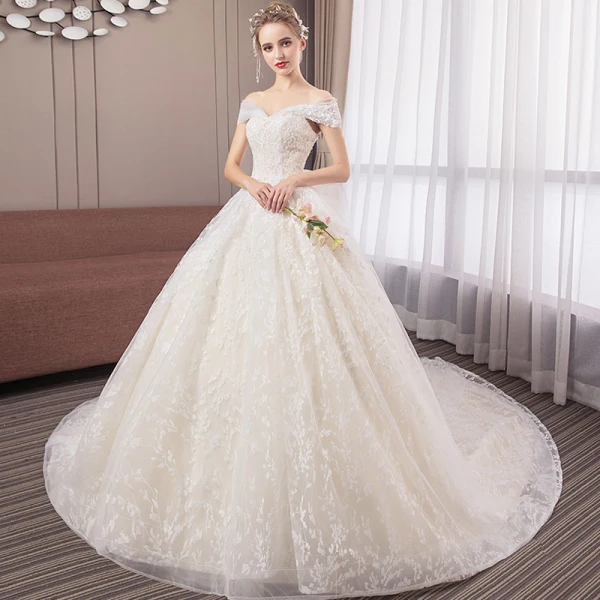 Elegant Champagne Wedding Dresses 2018 Ball Gown Lace Flower Off-The-Shoulder Backless Sleeveless Chapel Train Wedding