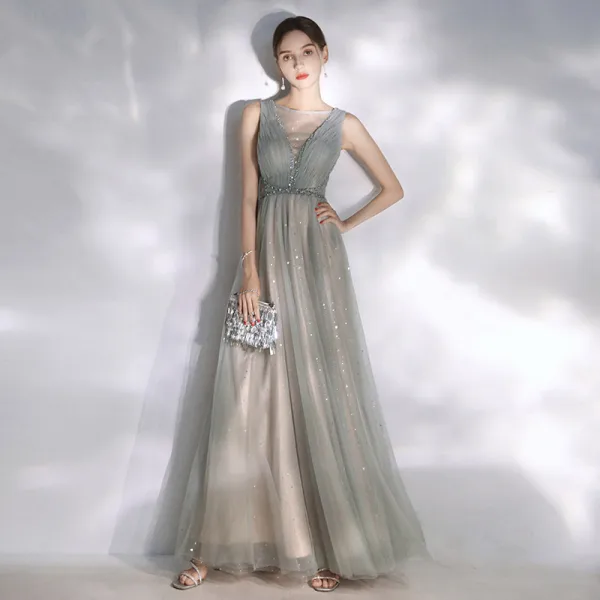 Modern / Fashion Grey Evening Dresses  2020 A-Line / Princess Scoop Neck Star Sequins Backless Crystal Sleeveless Floor-Length / Long Formal Dresses