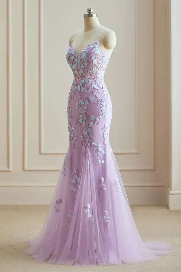 Stunning Lavender Lace Flower Evening Dresses 2024 Spaghetti Straps Trumpet / Mermaid Crossed Straps Floor-Length / Long Engagement Formal Dresses