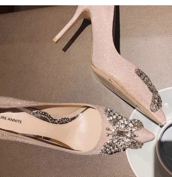Charming Silver Glitter Wedding Shoes 2020 Leather Rhinestone Butterfly 8 cm Stiletto Heels Pointed Toe Wedding Pumps