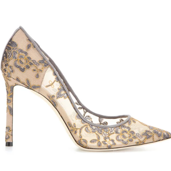 Chic / Beautiful Nude Wedding Shoes 2018 Lace Flower Pierced 10 cm Stiletto Heels Pointed Toe Wedding High Heels