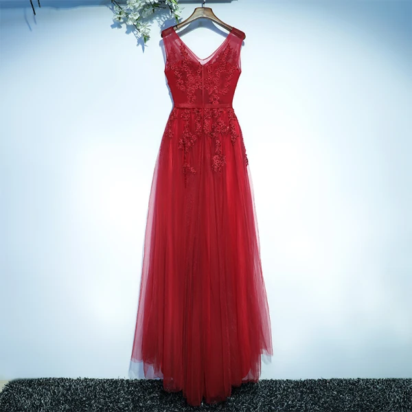 Chic / Beautiful Red Formal Dresses Evening Dresses  2017 Lace Flower V-Neck Sleeveless A-Line / Princess
