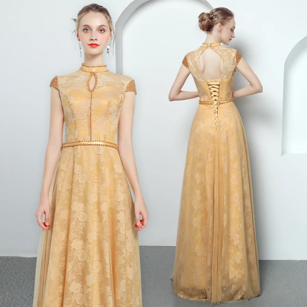 Chinese style Gold Evening Dresses  2018 A-Line / Princess Lace Beading Pearl Sash High Neck Backless Cap Sleeves Floor-Length / Long Formal Dresses