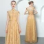 Chinese style Gold Evening Dresses  2018 A-Line / Princess Lace Beading Pearl Sash High Neck Backless Cap Sleeves Floor-Length / Long Formal Dresses
