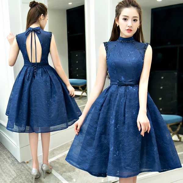 Vintage / Retro Navy Blue Evening Dresses 2018 Ball Gown Bow Beading Lace Crystal High Neck Backless Sleeveless Knee-Length Formal Dresses