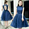 Vintage / Retro Navy Blue Evening Dresses  2018 Ball Gown Bow Beading Lace Crystal High Neck Backless Sleeveless Knee-Length Formal Dresses