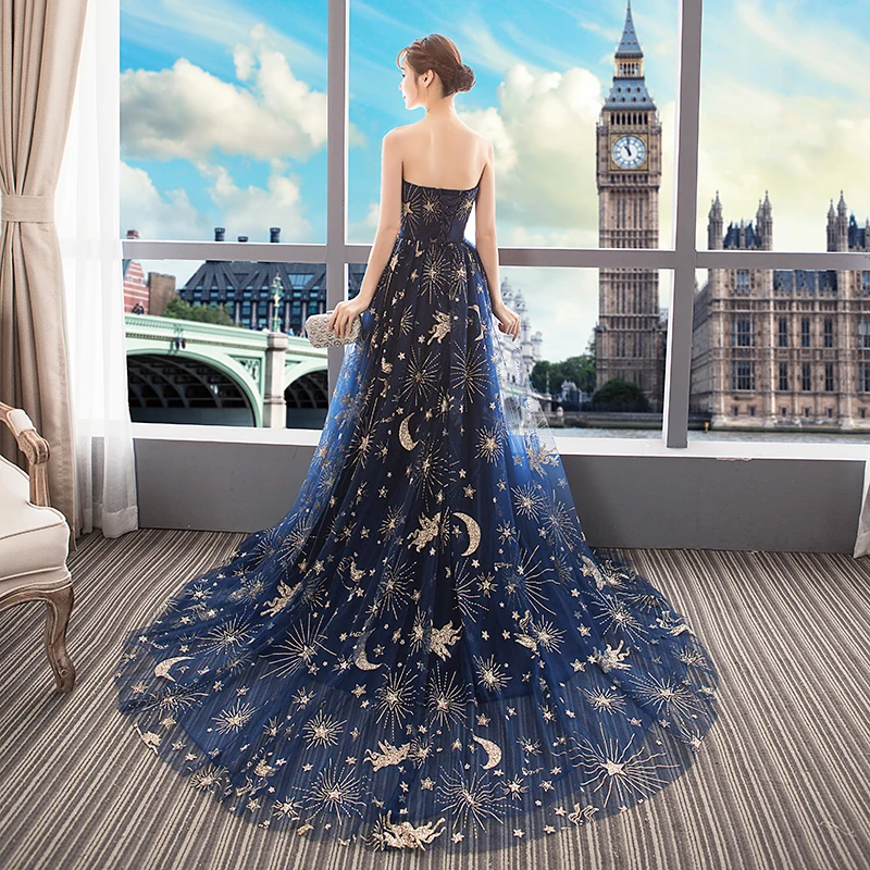 slim fit dress slacks Dark blue satin sequin long prom dress dark blue evening dress – dresstby main image 1