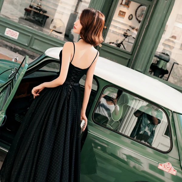 Chic / Belle Noire Robe De Bal 2018 Princesse Tachetée Noeud Bretelles Spaghetti Dos Nu Sans Manches Longueur Cheville Robe De Ceremonie