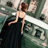 Chic / Beautiful Black Prom Dresses 2018 A-Line / Princess Spotted Bow Spaghetti Straps Backless Sleeveless Ankle Length Formal Dresses