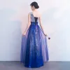Glitzernden Königliches Blau Abendkleider 2018 A Linie Pailletten One-Shoulder Ärmellos Rückenfreies Lange Festliche Kleider