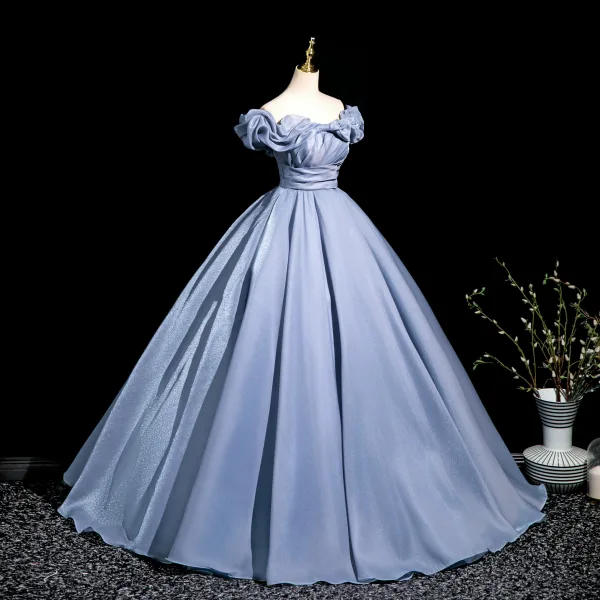 Elegant Sky Blue Prom Dresses 2025 A-Line / Princess Off-The-Shoulder Short Sleeve Backless Floor-Length / Long Prom Formal Dresses