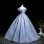 Elegant Sky Blue Prom Dresses 2025 A-Line / Princess Off-The-Shoulder Short Sleeve Backless Floor-Length / Long Prom Formal Dresses