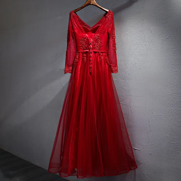 Chic / Belle Bordeaux Robe De Soirée 2017 Princesse En Dentelle Cristal Ceinture Dos Nu V-Cou Manches Longues Longueur Cheville Robe De Ceremonie