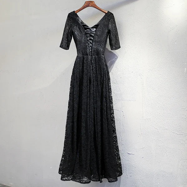 Chic / Belle Noire Robe De Soirée 2017 Princesse Dentelle V-Cou Dos Nu 1/2 Manches Longueur Cheville Robe De Ceremonie