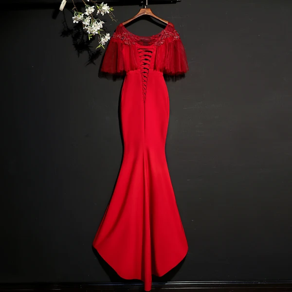 Chic / Beautiful Burgundy Evening Dresses  2017 Trumpet / Mermaid Lace Beading Scoop Neck Backless Sweep Train Formal Dresses
