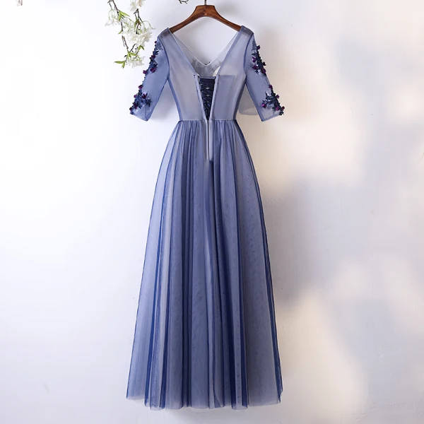 Chic / Beautiful Ocean Blue Evening Dresses 2017 A-Line / Princess Lace Flower Appliques Crystal V-Neck Backless 1/2 Sleeves Ankle Length Formal Dresses