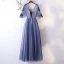 Chic / Beautiful Ocean Blue Evening Dresses  2017 A-Line / Princess Lace Flower Appliques Crystal V-Neck Backless 1/2 Sleeves Ankle Length Formal Dresses