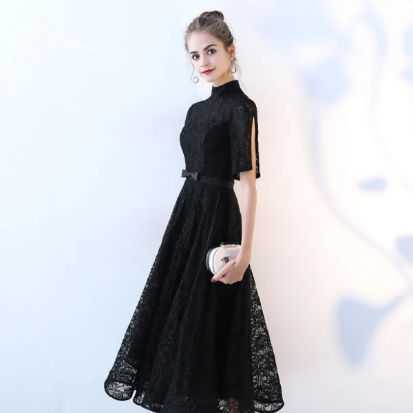 Chic / Beautiful Black Homecoming Graduation Dresses A-Line / Princess 2017 Lace Bow High Neck Short Sleeve Tea-length Formal Dresses