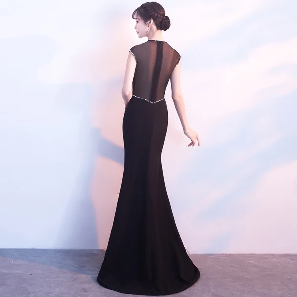 Sexy Noire Robe De Soirée 2017 Trompette / Sirène Paillettes Fendue devant Encolure Dégagée Sans Manches Longue Percé Robe De Ceremonie
