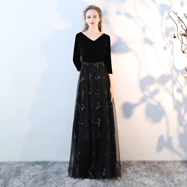 Chic / Belle Noir Robe De Bal 2017 Princesse V-Cou 3/4 Manches Longue Robe De Ceremonie