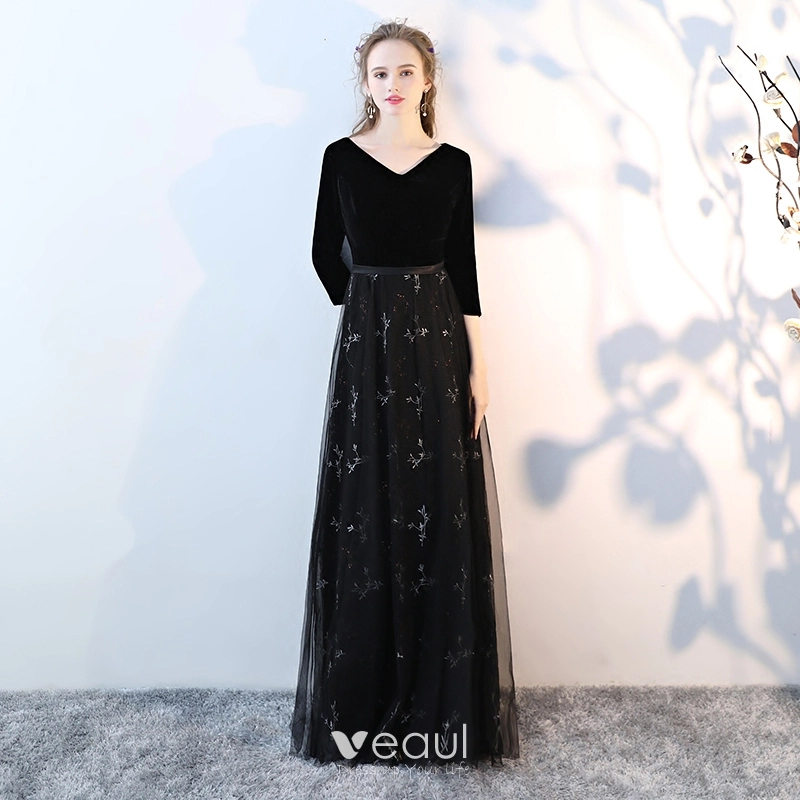 Chic / Beautiful Black Prom Dresses 2017 A-Line / Princess V-Neck 3/4 Sleeve Floor-Length / Long Formal Dresses Chic / Beautiful Black Prom Dresses 2017 A-Line / Princess V-Neck 3/4 Sleeve Floor-Length / Long Formal Dresses
