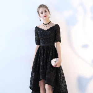Chic Beautiful Black Cocktail Dresses 2017 A Line Princess Lace V Neck Backless Short Sleeve Asymmetrical Formal Dresses