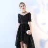 Chic / Beautiful Black Cocktail Dresses 2017 A-Line / Princess Lace V-Neck Backless Short Sleeve Asymmetrical Formal Dresses