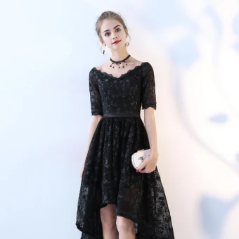 Chic Beautiful Black Cocktail Dresses 2017 A Line Princess Lace V Neck Backless Short Sleeve Asymmetrical Formal Dresses
