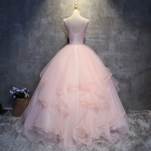Elegante Parel Roze Galajurken 2017 Baljurk Kant Appliques Rhinestone Ronde Hals Ruglooze Mouwloos Lange Gelegenheid Jurken
