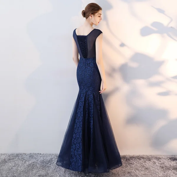 Chic / Beautiful Navy Blue Evening Dresses 2017 Trumpet / Mermaid Lace Flower Scoop Neck Sleeveless Ankle Length Formal Dresses