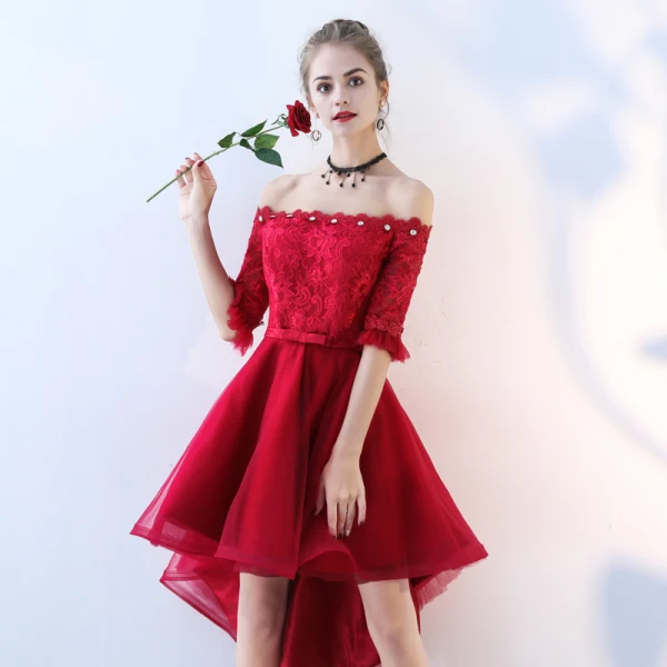 Schöne Schwarz Cocktailkleider 2017 A Linie Spitze Schleife Pailletten Off Shoulder Rückenfreies 1/2 Ärmel Asymmetrisch Festliche Kleider