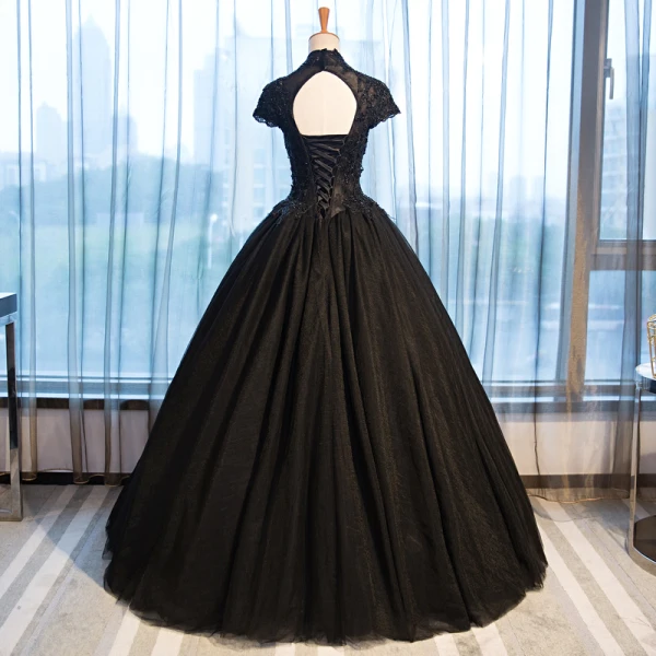 Chic / Beautiful Evening Dresses 2017 Ball Gown Lace Flower Crystal Beading High Neck Backless Short Sleeve Floor-Length / Long Formal Dresses