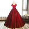 Chic / Beautiful Burgundy Prom Dresses 2017 Ball Gown Butterfly Appliques Artificial Flowers Scoop Neck Backless Short Sleeve Floor-Length / Long Formal Dresses