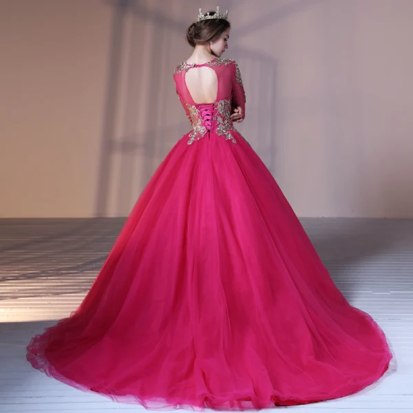 Chic / Beautiful Fuchsia Prom Dresses 2017 Ball Gown Lace Flower Pearl Scoop Neck Backless Long Sleeve Court Train Formal Dresses