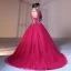 Chic / Beautiful Fuchsia Prom Dresses 2017 Ball Gown Lace Flower Pearl Scoop Neck Backless Long Sleeve Court Train Formal Dresses