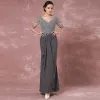 Chic / Beautiful Grey Mother Of The Bride Dresses 2018 Trumpet / Mermaid Lace Sequins V-Neck Backless 1/2 Sleeves Ankle Length Wedding Party Dresses
